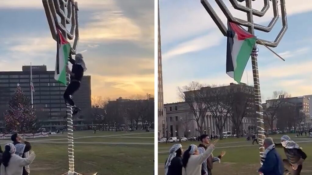 pro-palestinian-yale-student-scales-menorah-and-plants-palestinian-flag